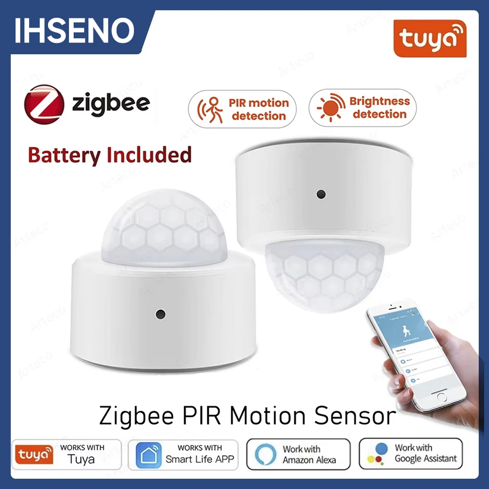 Tuya-Mini détecteur de mouvement PIR Zigbee 2 en 1, capteur d\'alarme antivol de sécurité infrarouge passif, lumière lumineuse Lux, via Alexa, Google