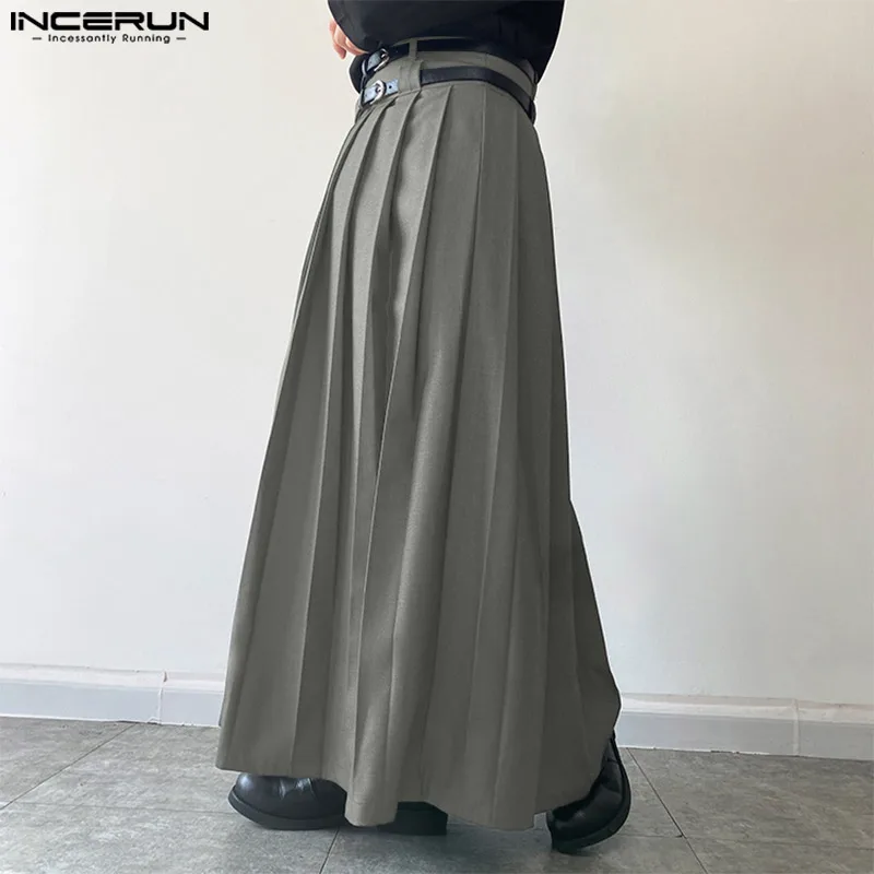 2026 Men Casual Skirts Solid Color Pleated Zipper Loose Trousers Personality Streetwear Leisure Fashion Men Skirts S-5XL INCERUN