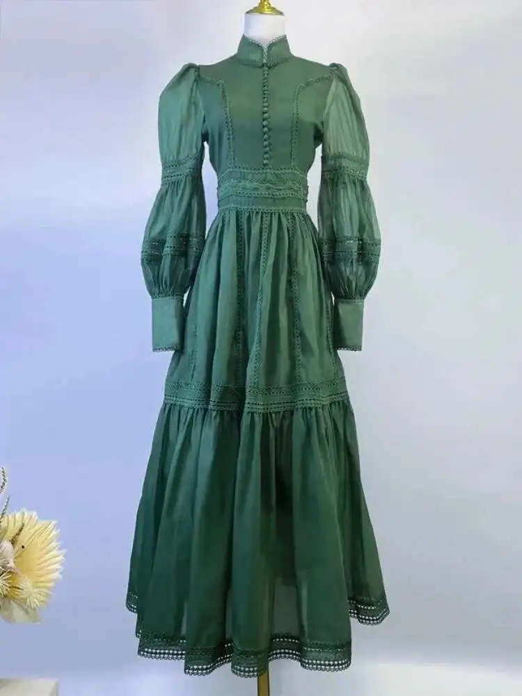 Robe de soirée Maxi en dentelle pour femmes, tenue de soirée de luxe, simple boutonnage, boutons, Patchwork, col roulé, manches longues lanterne, automne