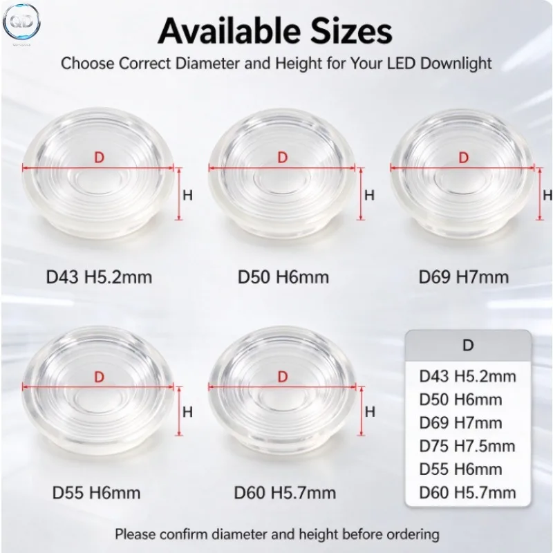 5PCS PMMA Focus Anti-Glare LED Bead Lens Dia 43mm 50mm 55mm 60mm 69mm 75mm Spotlight Light Source Lens