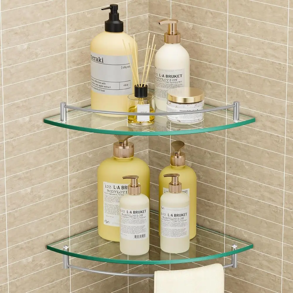 

2-Piece Corner Glass Shelves with Rail, Tempered Glass and Brushed Stainless Steel Wall Mount for Bathroom, BGS2101A-2-P2