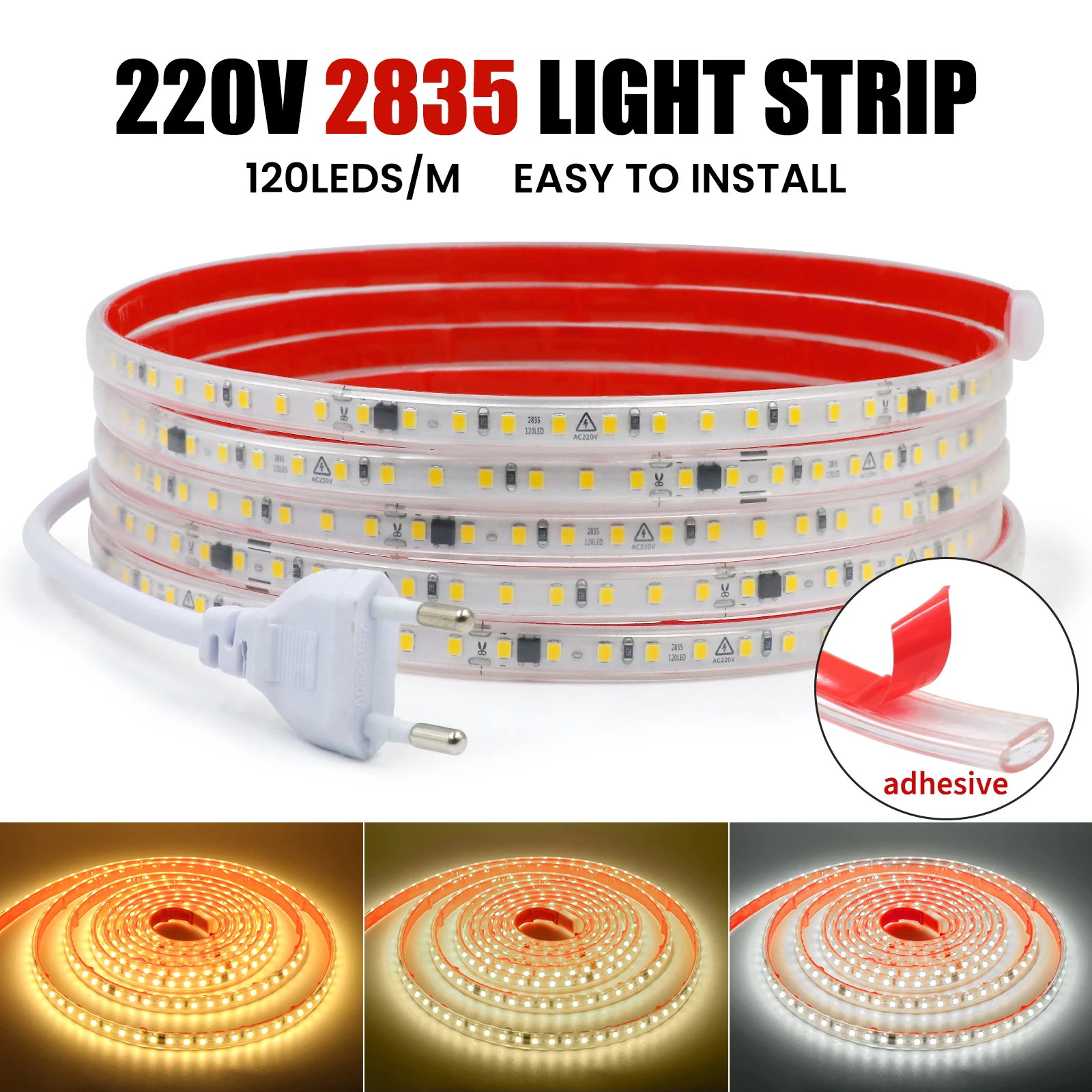 AC 220V SMD 2835 LED Strip EU Plug Self-adhesive IP65 120LEDs/m Flexible LED Light Tape with IC Rectification 3000K 4000K 6000K