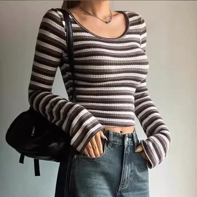 Round Neck Striped Top Cropped Sexy with Turtleneck Beach T Shirts Fitted Style Slim Fit Streetwear Travel Long Sleeve for Women