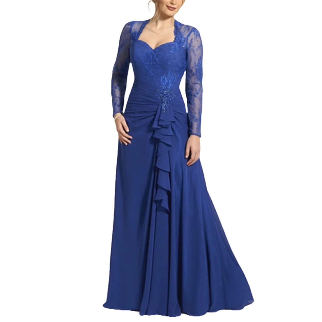 Personalizado Mãe Da Noiva Vestidos De Renda Jaqueta Chiffon Querida Draped Azul Royal Mulheres Festa de Casamento Formal Vestidos da Mãe