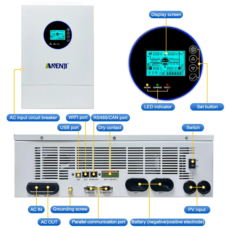 ANENJI 12KW 120V/240VAC Solar Inverter Hybrid 110V Split Phase Parallel 6 Inverter Built-in 2 MPPT view 3