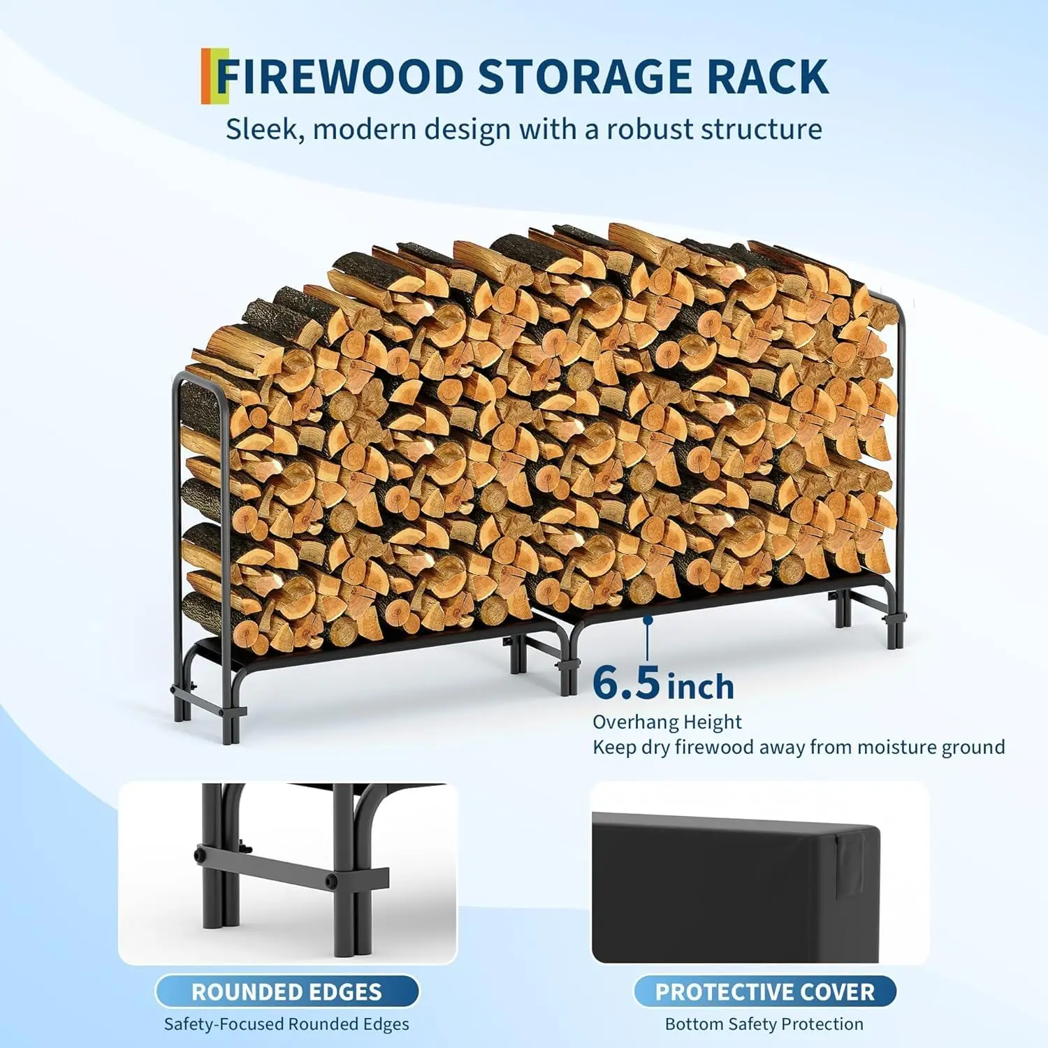 4FT 8FT Brennholz-Holzregal mit Abdeckung, schwarzer wasserdichter Oxford-Stoff mit Reißverschluss, robuste Holzlagerregale für Veranda, Pati – Detail 11