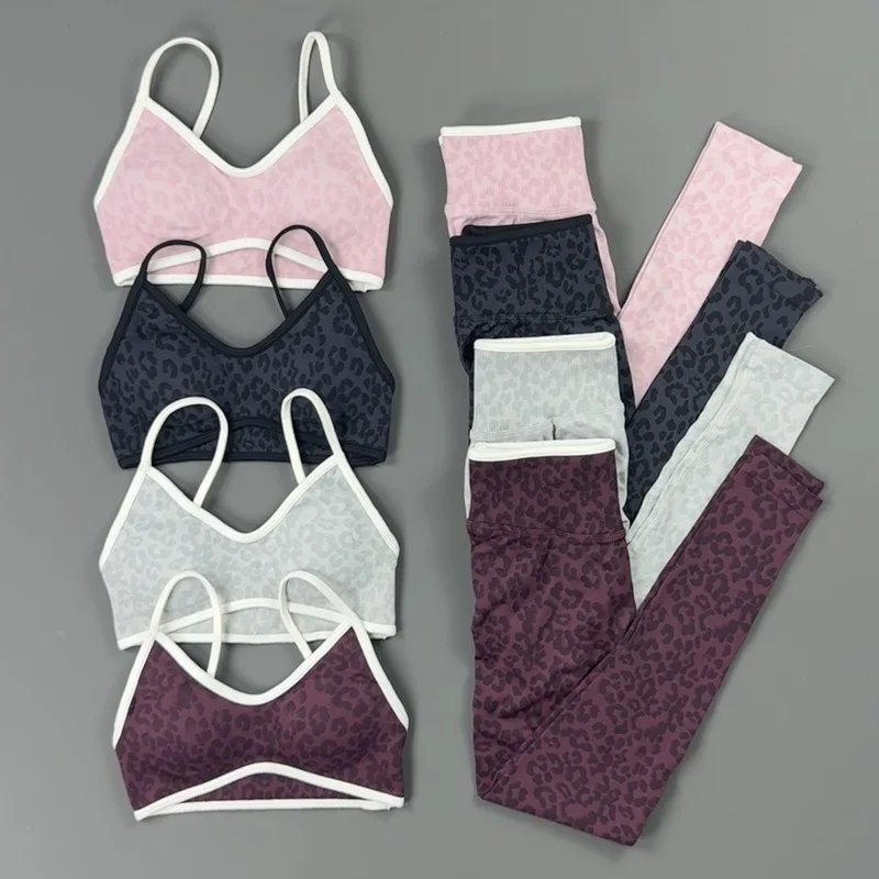 2 Pieces Gym Set Women Leopard Matching Kit Sports Bra Hugging Scrunch Butt Leggings Anti-pilling Fabric Athletic Training Suit