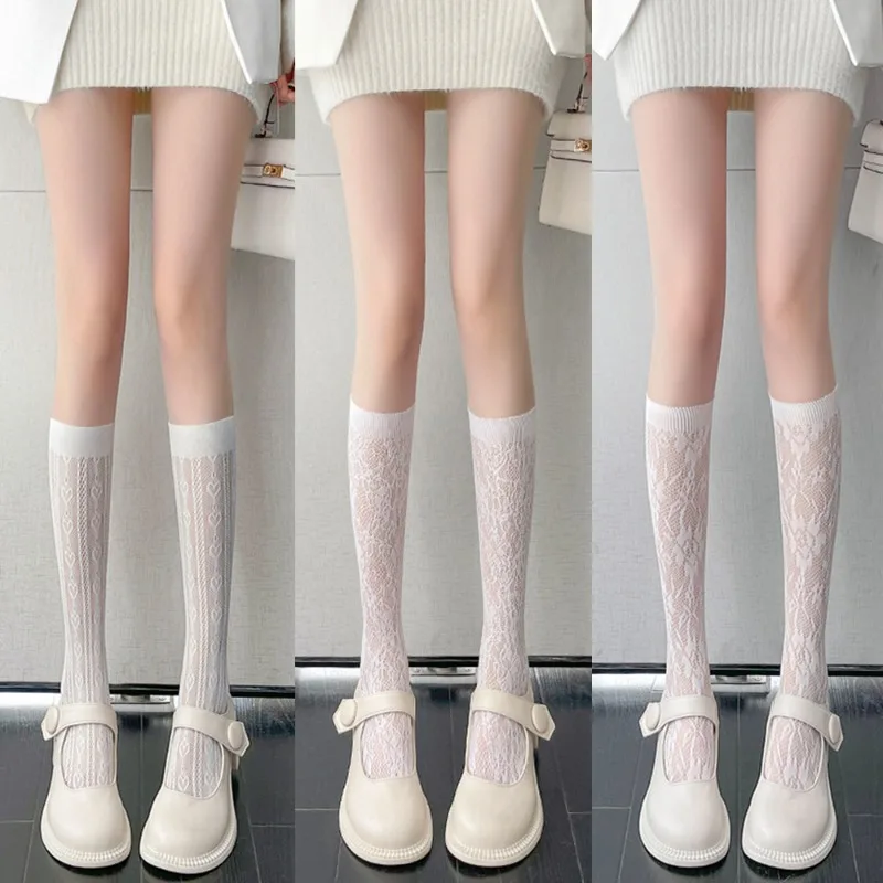Lace Medium Tube Hollowed Socks for Women Lolita Calf Socks JK Japanese Cute Sweet Long Tube Thin Lolita Girls Stockings