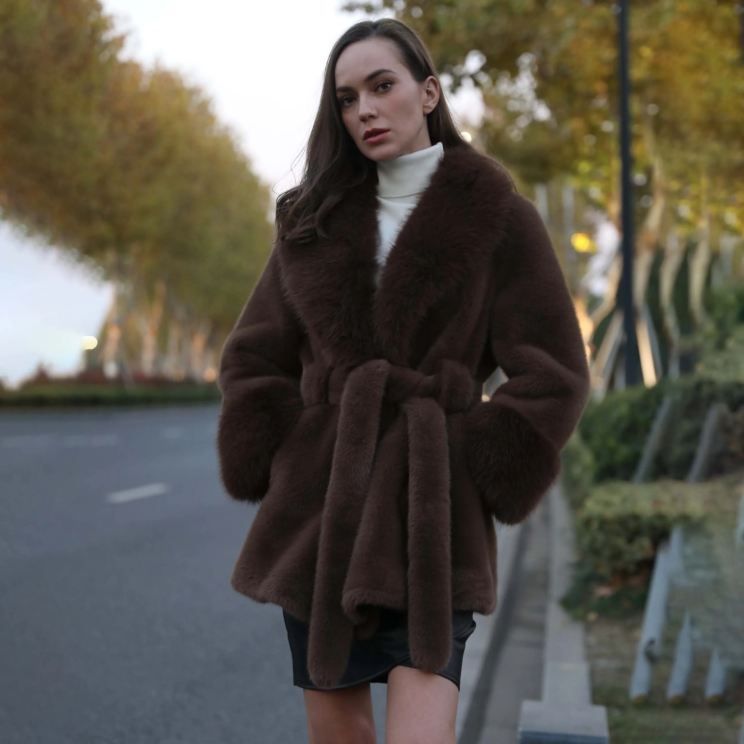 Women\'s Vegan Mink Fur Coat, Big Faux Fur Collar Jacket, Skirt Style, Fast Shipping