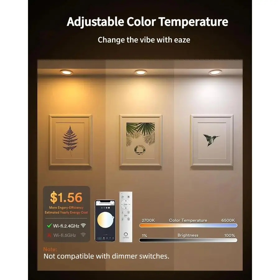 إضاءة LED ذكية تعمل بالواي فاي مقاس 6 بوصات مع جهاز تحكم عن بعد، مصابيح سقف RGBWW Canless مع حواف معدنية مضادة للوهج JBox، متوافقة