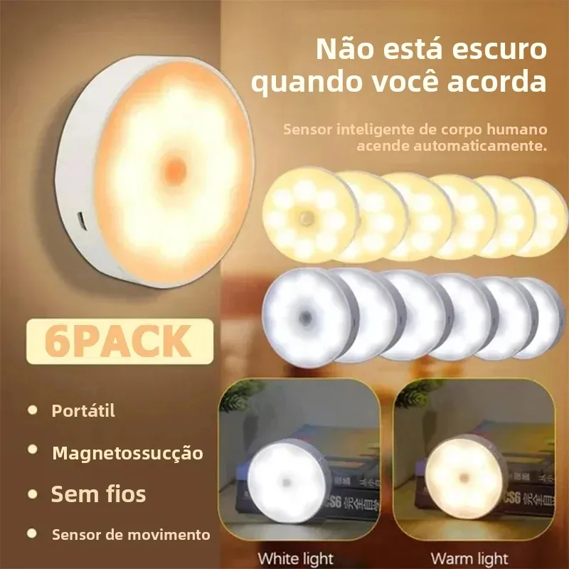 6PCS Luz Noturna LED com Sensor de Movimento, Recarregável por USB, Lâmpada Noturna para Cozinha, Armário, Guarda-Roupa, Escada, Luz Sem Fio para Closet