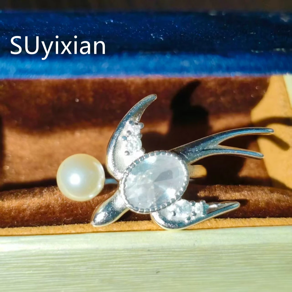 925 Sterling Silver Fashion Light Luxury Brushed Swallow Pearl Opening Ring Birthday Party Anniversary Gift