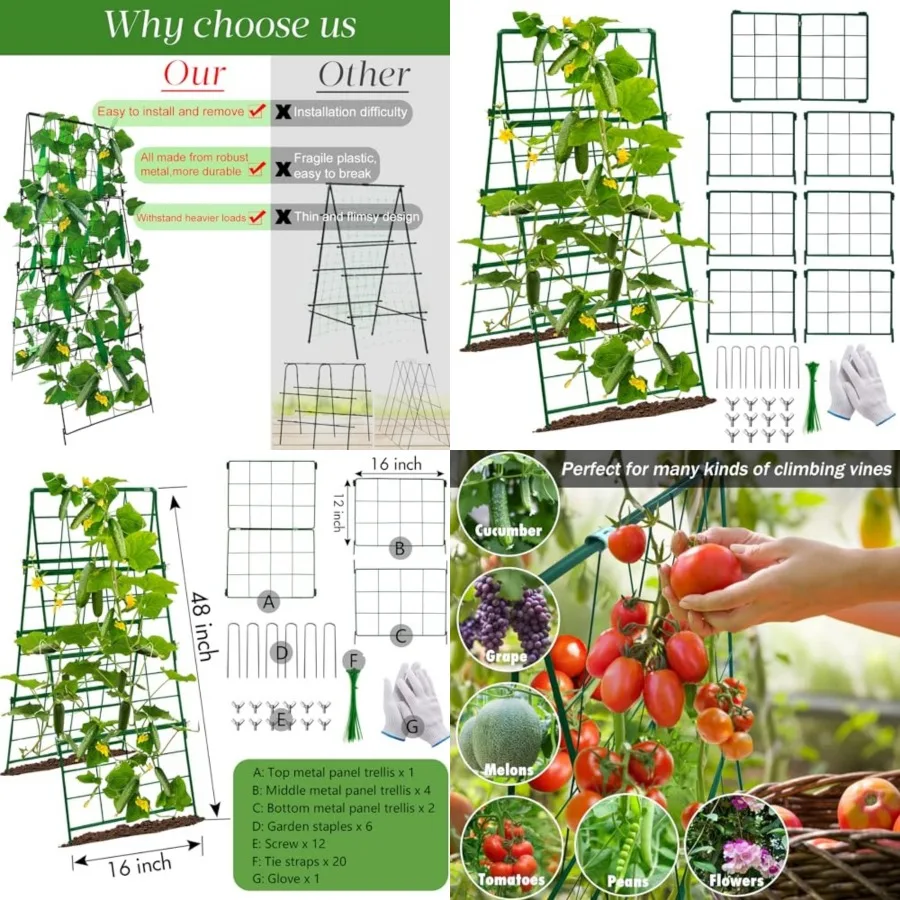 

Thickened Cucumber Trellis for Raised Garden Bed, 48"x6" Foldable Frame Metal Vegetable Trellis for Climbing Plants Outdoor Pla