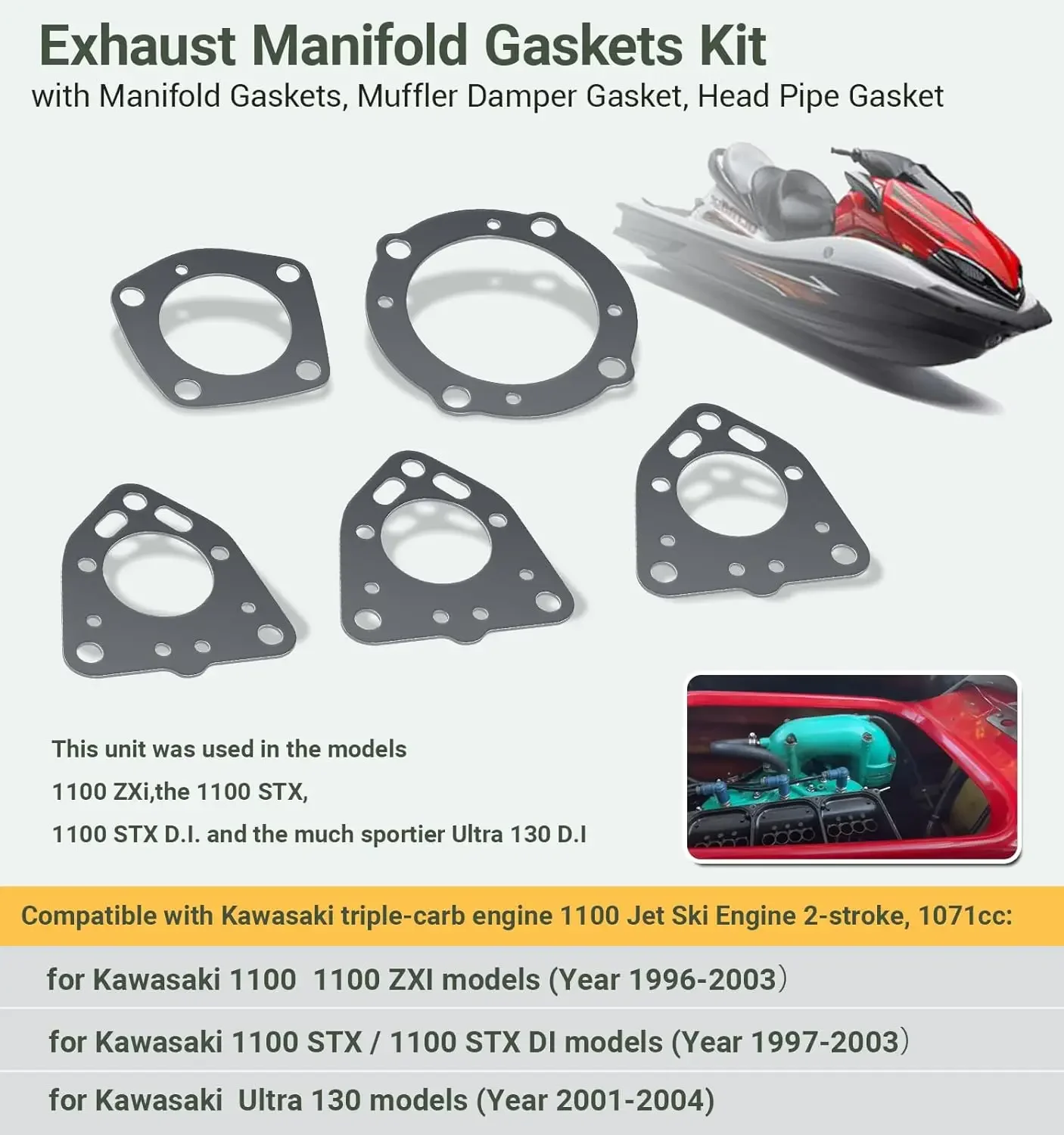 Picture 5: 5 Pack Exhaust Rebuild Gaskets Seals Kit Replacement for Kawasaki Jet Skis 1100 ZXI/1100 STX/Ultra 130