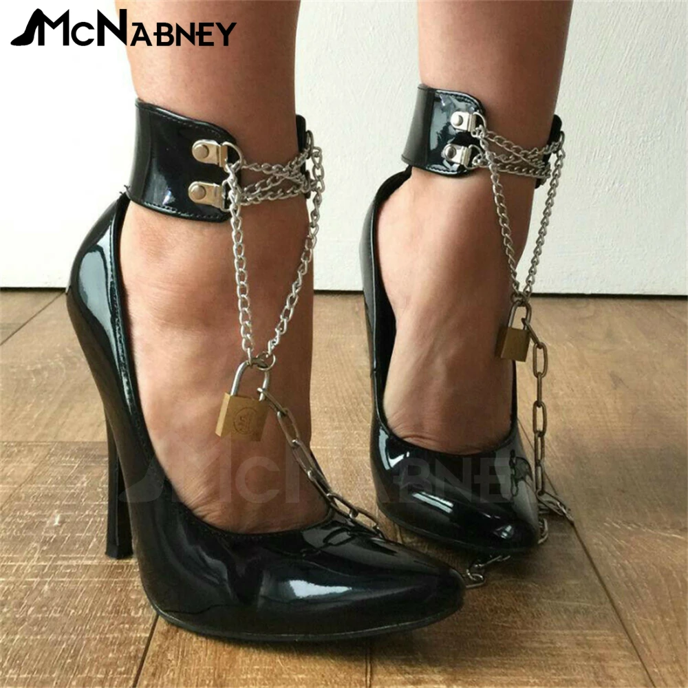 Metallic Lock Super High-Heeled Shoes Shackles Black Leather High-Heeled Pumps Sexy Pointed-Toe Stilettos Custom Color for Women