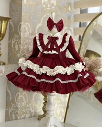 0-12Y Baby Girl Spring Burgandy Turkish Vintage Princess Dress for Birthday Holiday Easter Photography Eid