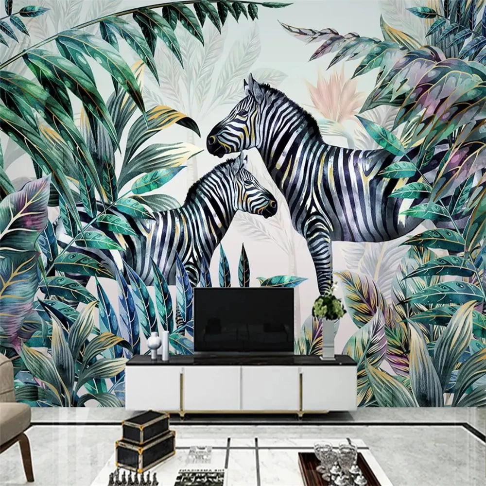 

Custom Large Mural giraffe Wall Paper Living Room Sofa Bedroom Tropical plant forest animal zebra Wallpaper Murals 3d sticker