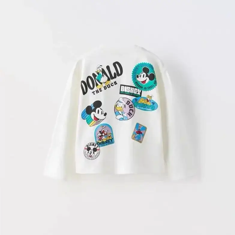 White Tshirt Mickey Mouse Print Base Shirt Boys New Fashion Costume Kids Casual Loose Long-sleeved Tops