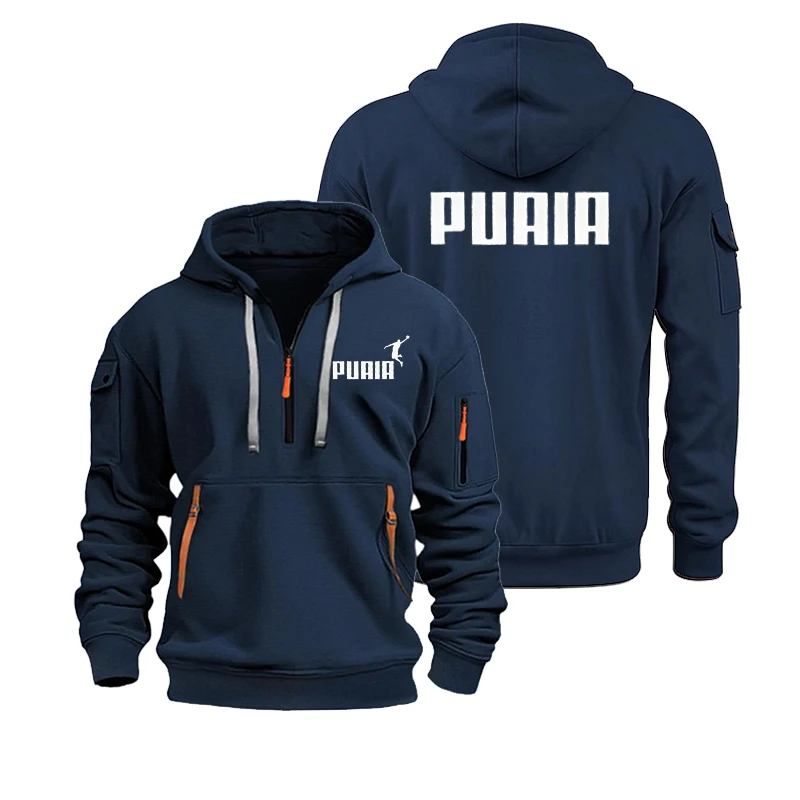 Sudadera con capucha deportiva informal de manga larga con múltiples bolsillos y cremallera, estilo holgado, para hombre