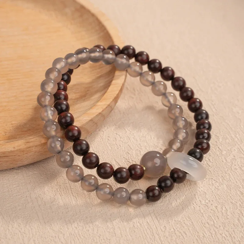 Small Leaf Red Sandalwood Gray Agate Double Wrap Bracelet Natural Beads Buddhist Mala A Grade Agate Sliding Ring Lucky Fortune