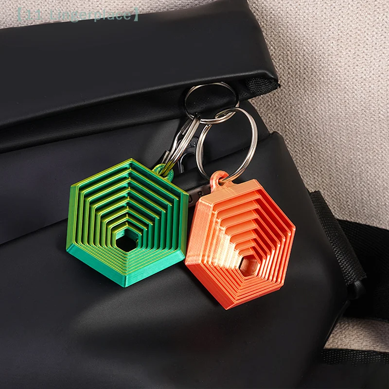 Couple Key Hook Gift For Friends New Creative 3D Printed Hexagon Keychain Can Push-pull-rotate Stress Relief Toy 【A】