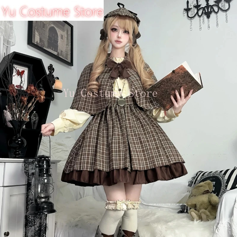 

Yu CostumeStyle Gothic Lolita Plaid Dress Cloak Set Women Halloween Detective Cosplay Costumes Party Mini Dresses Punk Y2k Dress