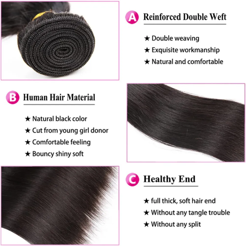 Extensões retas brasileiras do cabelo humano, pacotes reais do cabelo humano de 100%, trama dobro, preto natural, cor # 1B, 24 ", 26", 28"