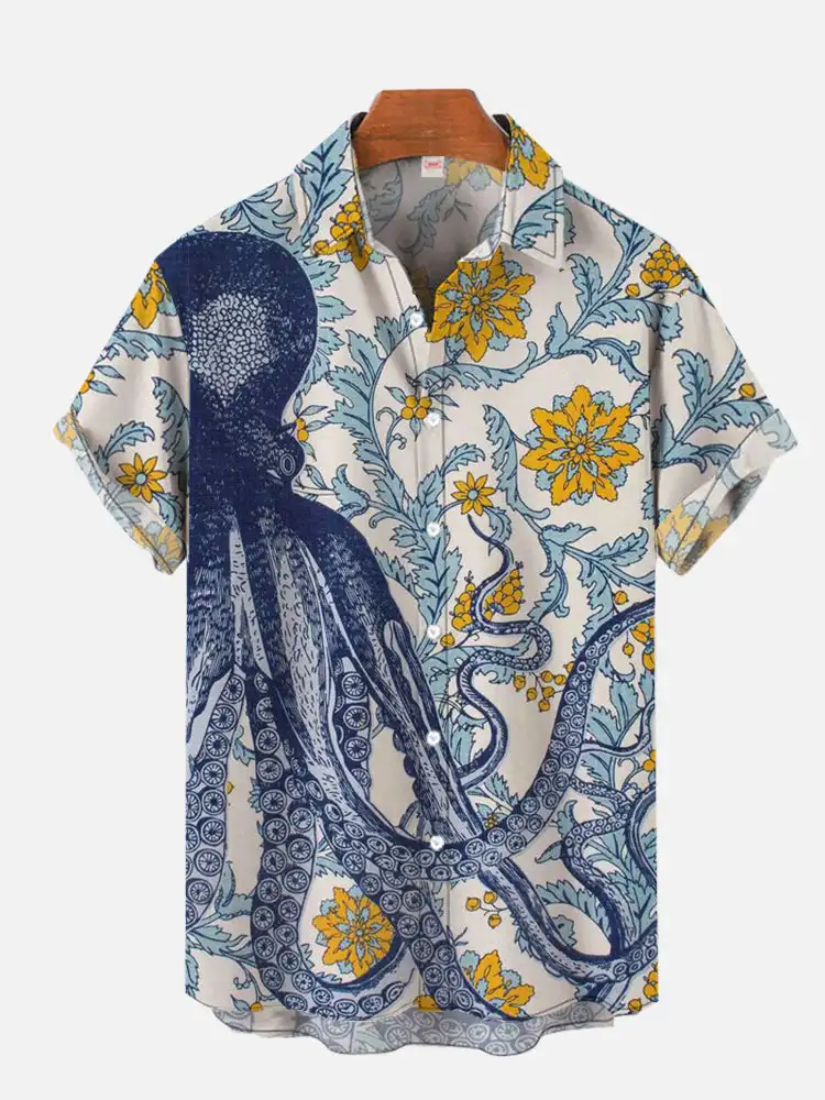 Camisas con estampado de pulpo de verano para hombre, camisas hawaianas de manga corta para la playa, camisas con patrón de viñetas de animales en