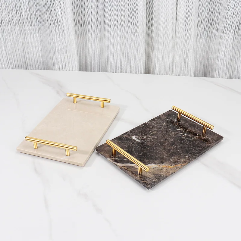 Modern natural marble square stone metal handle tray decoration hotel bathroom cosmetics jewelry storage tray