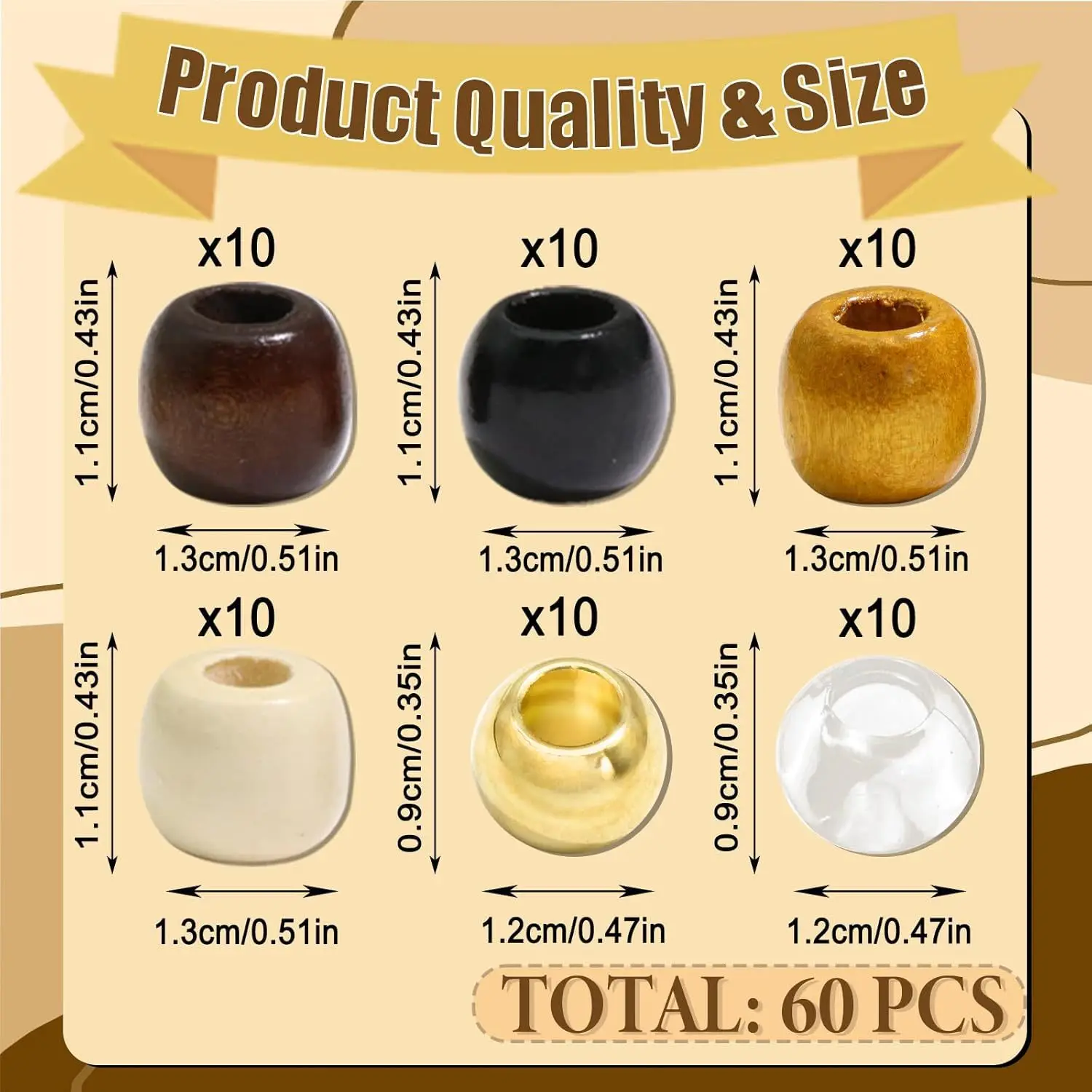 60 pièces de perles de cheveux transparentes + perles de dreadlock en bois avec ensemble d'outils de perles-accessoires de bijoux à bricoler soi-même