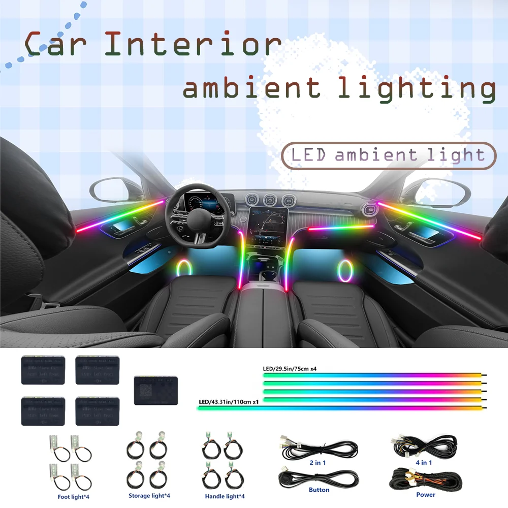 

2025 Hot Sale 64 Color RGB Car Ambient Interior Light Acrylic LED Strip Light APP Control Music Sync Atmosphere Lamp Universal