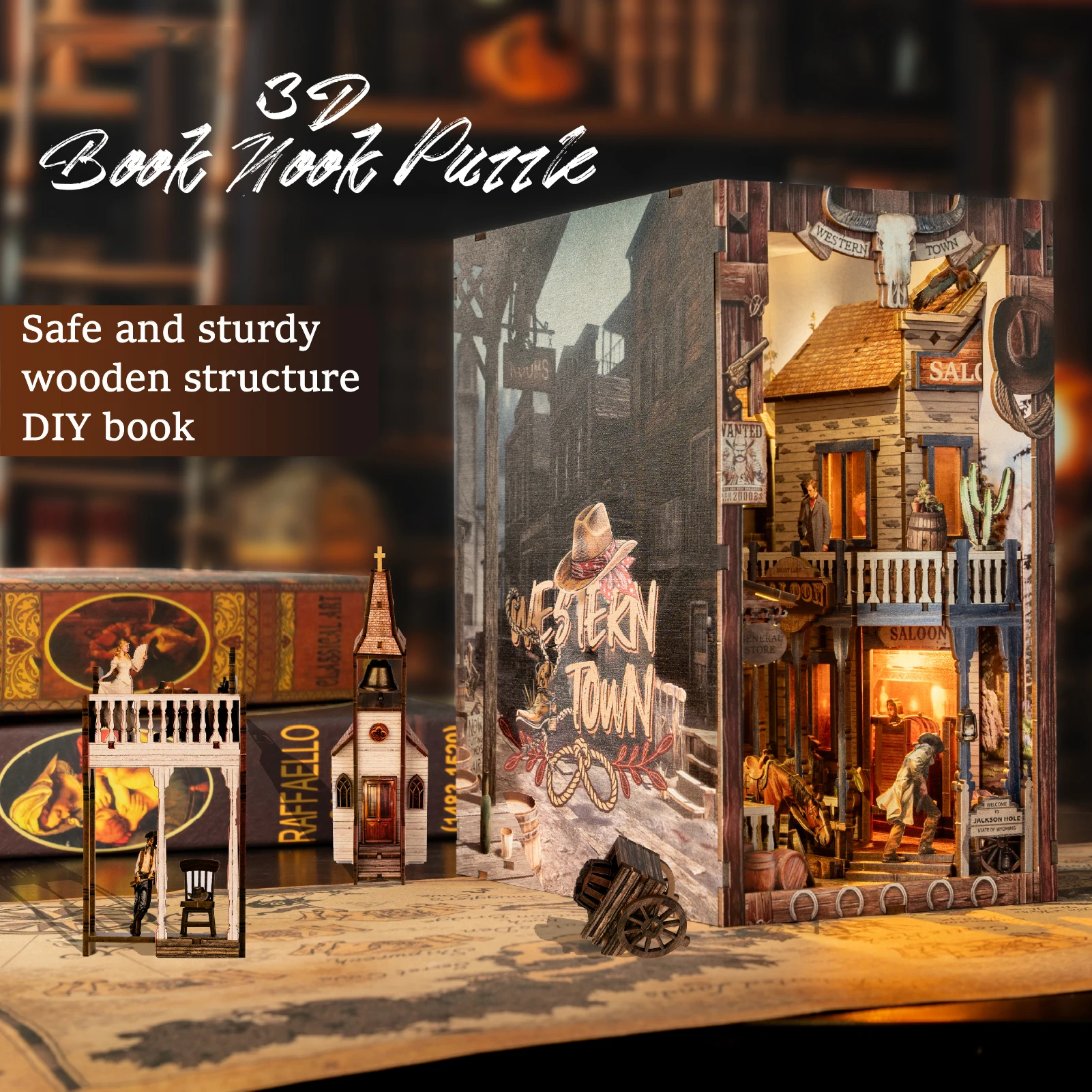 DIY Wooden Book Nook Figurines Miniatures Western Town Bookend With LED Lights for Friends Birthday Gifts Home Decor Crafts