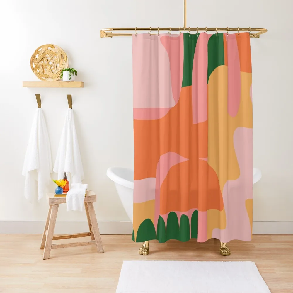 Maximalist Abstract Shapes Collage in Citrus Green, Orange, and Yellow Shower Curtain Set For Bathroom Curtain