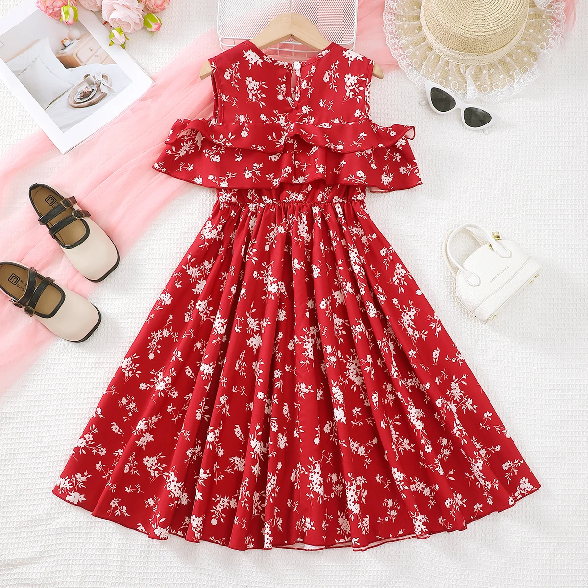 Children Girls elegant Summer Dress off Shoulder Ruffle Edge Small Floral Long Skirt for Girls 8-12 for Gatherings and vacations
