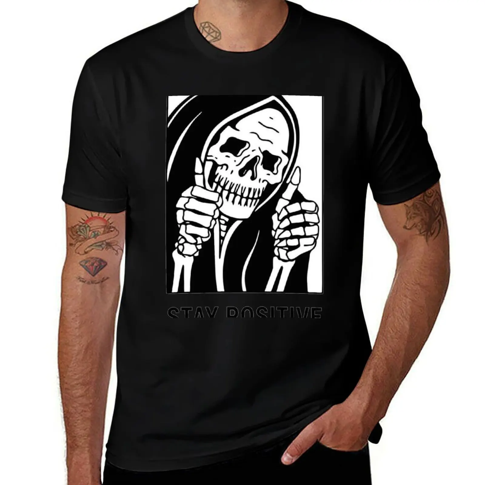 Stay Positive , Reaper , Waterproof Sticker , Hydro Flask T-Shirt Basic Plain Tee for Spring and Summer T-Shirt