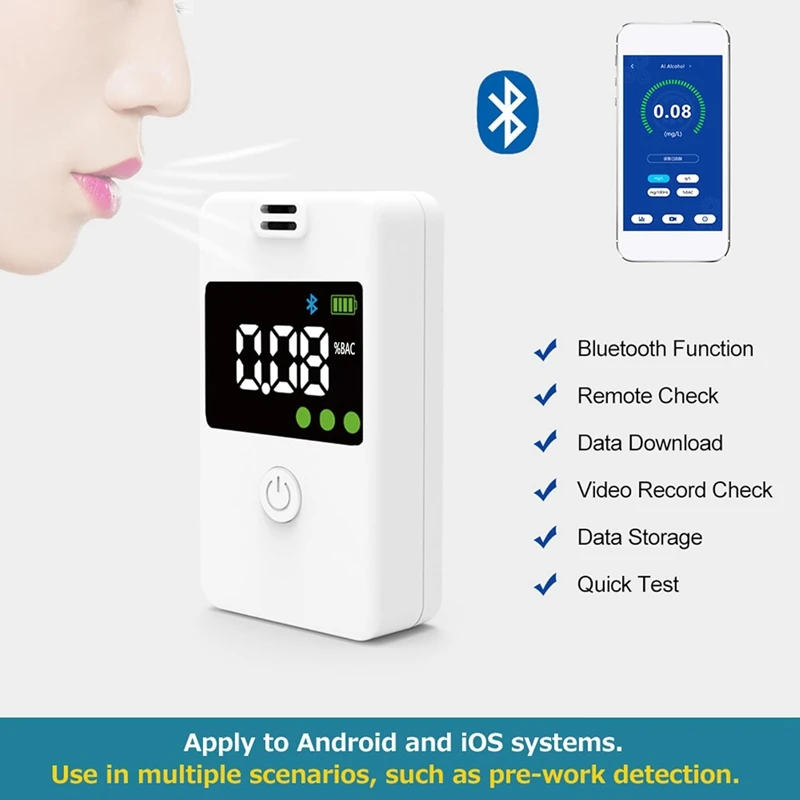 Breathalyzer, Grade Accuracy-Alcohol Tester With Bluetooth Connectivity Digital Blue LCD Display For Personal Home, Durable