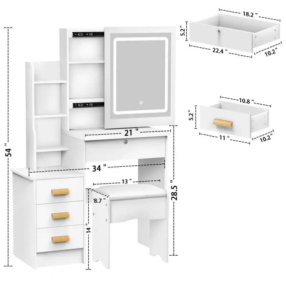 Tocador de maquillaje con espejo deslizante y luces para dormitorio, mesa de maquillaje con cajones, estantes, espacio de almacenamiento oculto