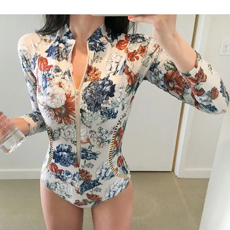 CPUTAN 2024 Black One Piece Swimsuit Monokini Swimwear Women Floral Print Rash guard Long Sleeve Beachwear Bathing Surfing Suit