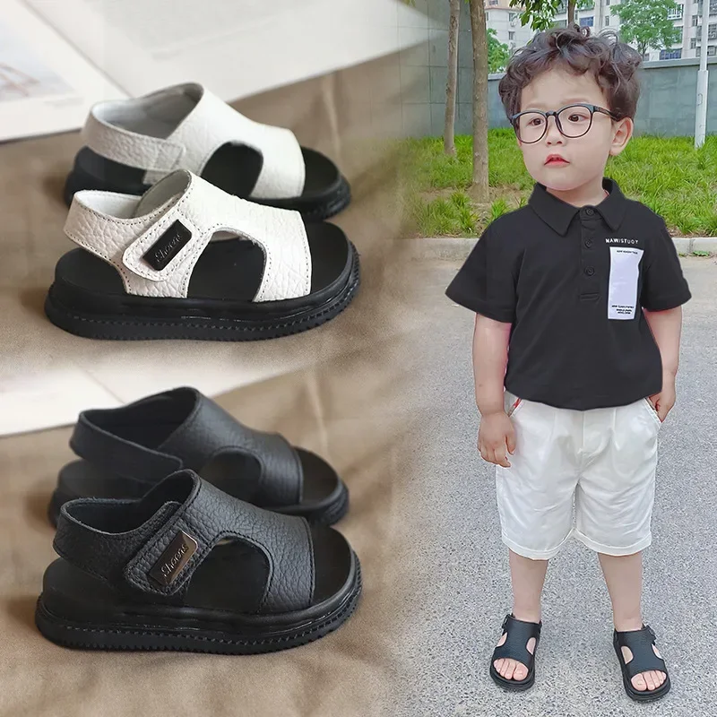 Summer Beach Sandals For Boys Korean Style 2024 Fashion Children Footwear PU Leather Anti-slippery Soft-soled Kid\'s Shoes