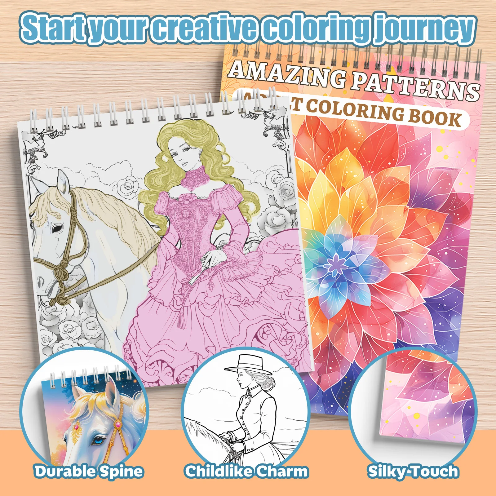 Adult Coloring Book Set 2-Pack: Princess & Horse Fantasy Drawing Book + Amazing Patterns Mandala Coloring Book