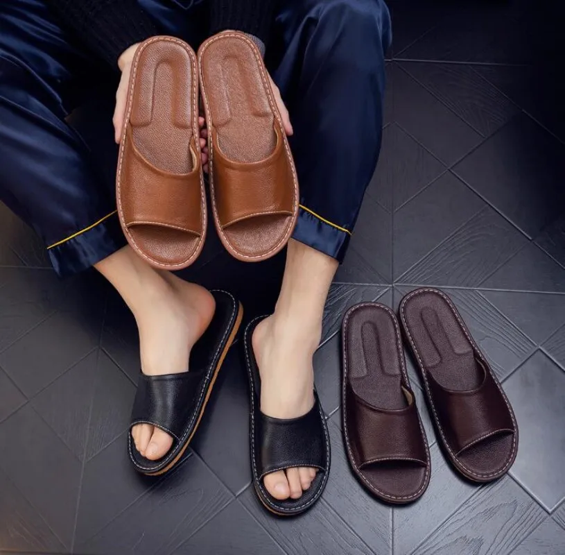 Big sizes Genuine Cow Leather Slippers Homes in indoor slipper summer open toe sandals men women elderly casual Slides shoes