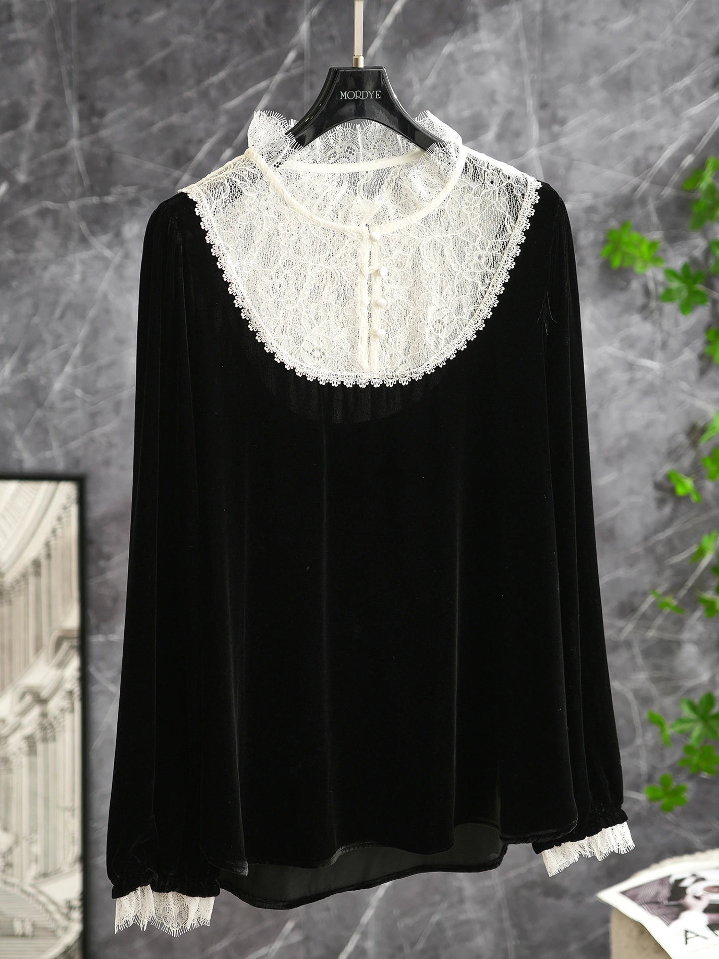 

New Chinese Sle Long Sve Silk Velvet irt Stand Collar Lace 00 Silk Breathable Comfortable Women's Top