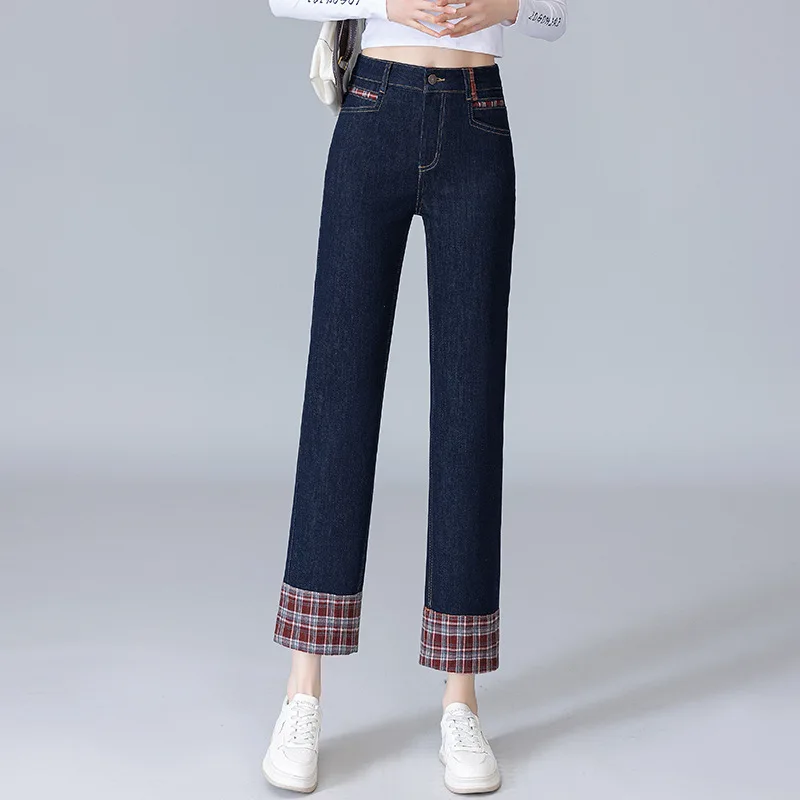 جينز دينم أزرق مكبل مستقيم الساق للنساء، سروال قصير متعدد الاستخدامات للربيع والخريف عالي الخصر للتخسيس