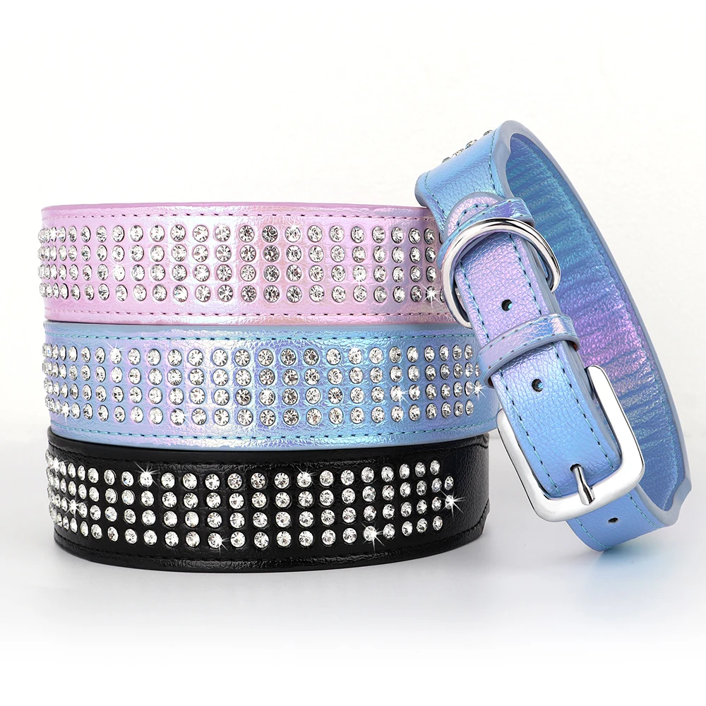 Coleira de strass Bling coleiras largas de couro, colar pet de diamante glitter durável para cães de médio e grande porte, buldogue francês