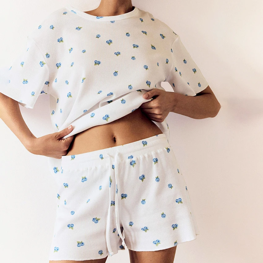 

HiLoc Home Print Drawstring Shorts Sets Pajamas Casual O Neck Tee With High Waist Shorts Two Piece Elegant Outfits 2025 New
