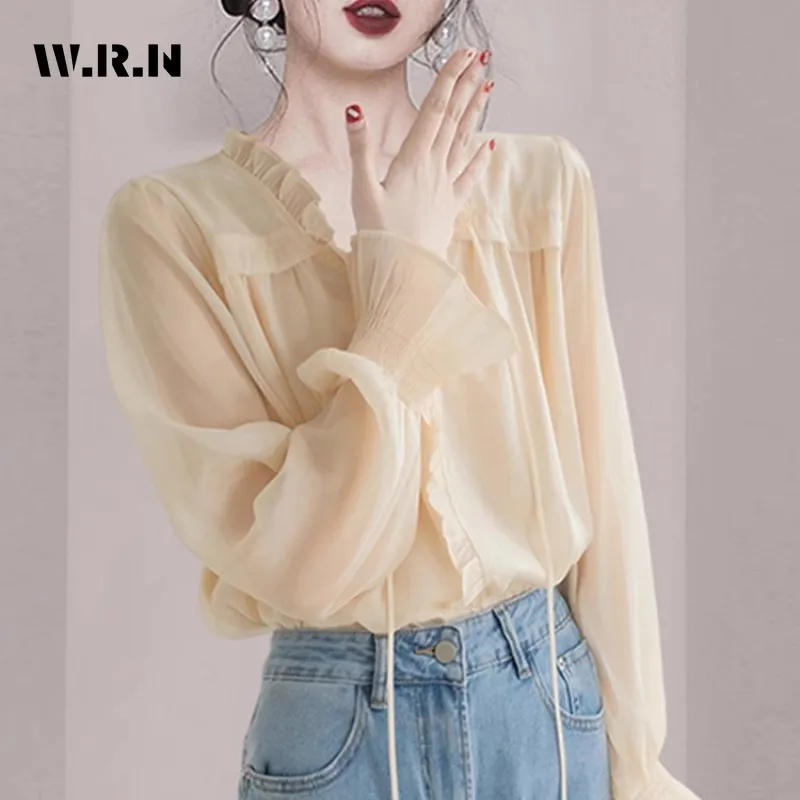 2024 Summer Sweet Round Neck Elegant Solid Pink Long Sleeve Shirt Women Causal Chic Soft Blouses Lace-up Chiffon Tees Top