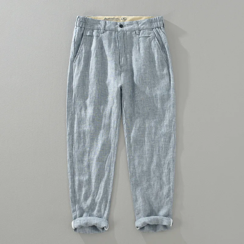 2025 Summer Ankle Length Linen Mens Pants New Breathable Pure White Casual Pants For Men Clothing Solid Straight Track Trousers