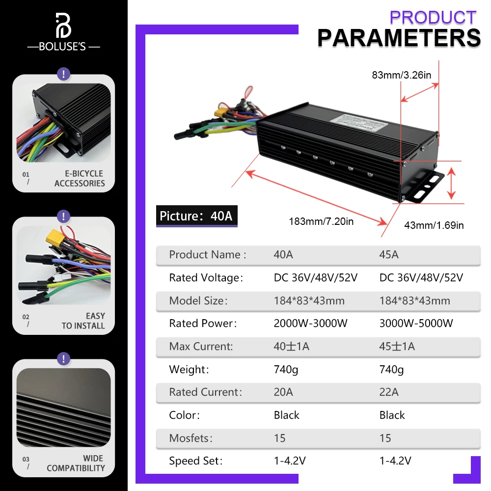 Ebike 3-mode Square Wave Controller 40A45A (Protocol UART2) Brushless Motor Controller 1000W-2000W for 36V/48V/52VEScooter XT150