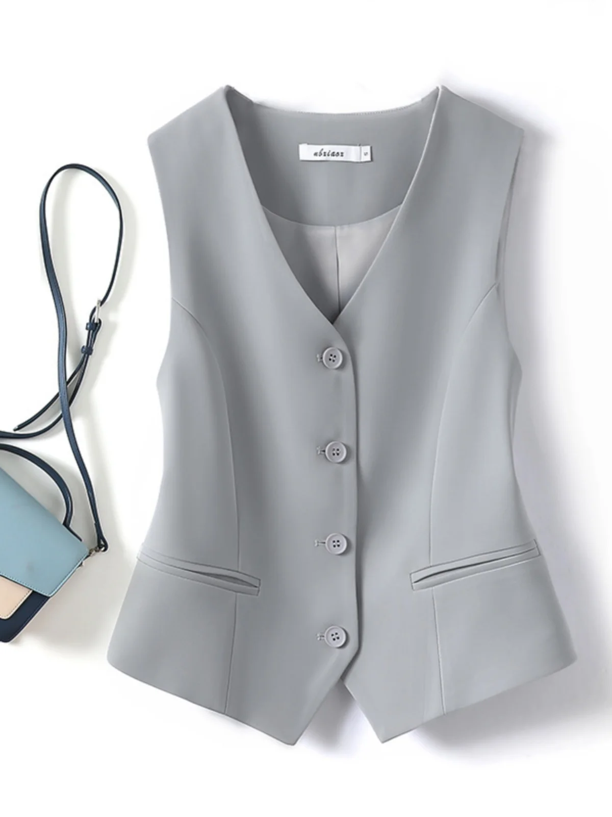 

Gray Suit Vest Women's Short Sleeveless Jacket Outerwear Collar Short Length Fashionable Small Size Friendly Outer Layer
