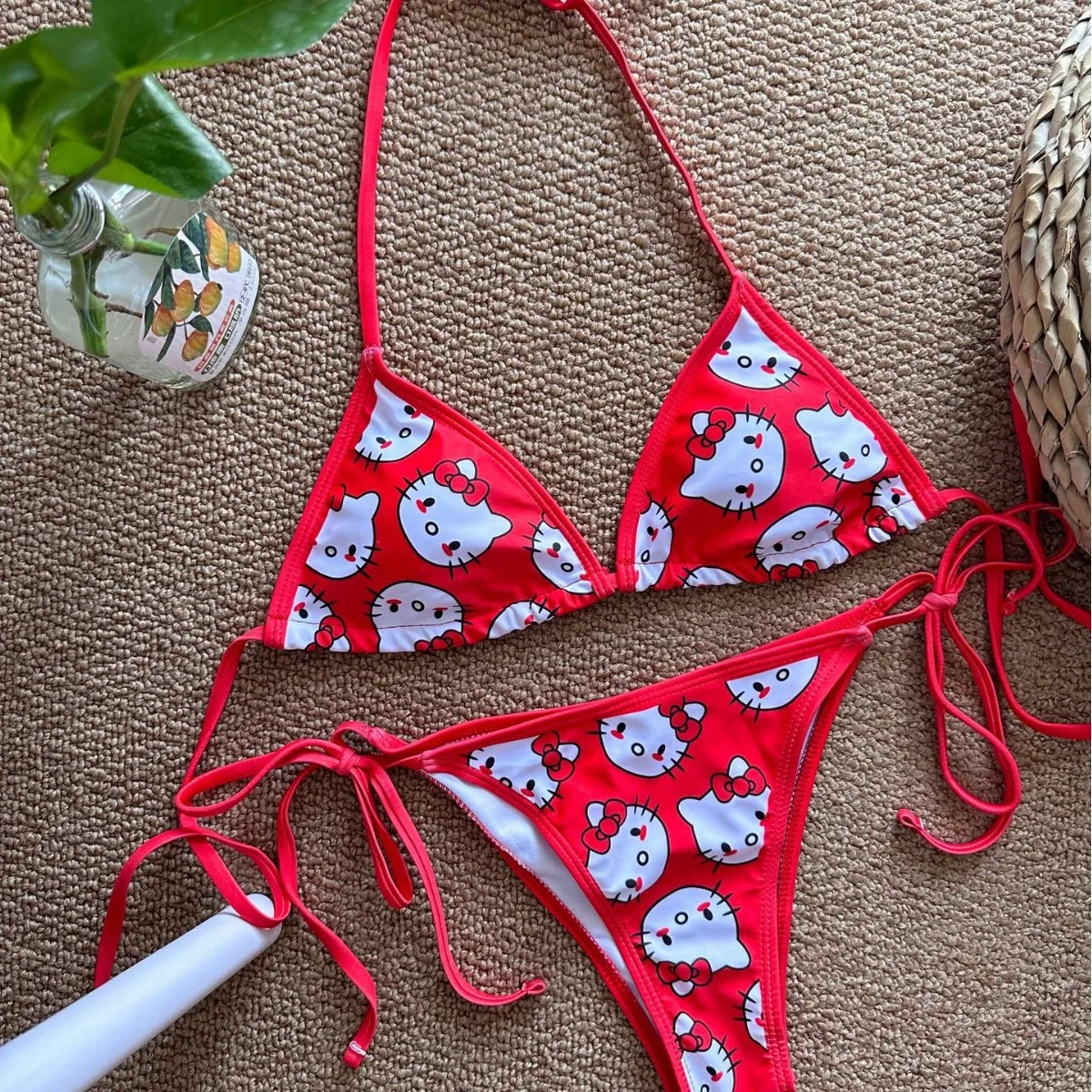 

2Pcs Sanrio Hello Kitty Sexy Bikini Set Cartoon Cute Woman Y2K Summer Beach Soft Side Strappy Panties Kawaii Swimsuit Girl Gifts